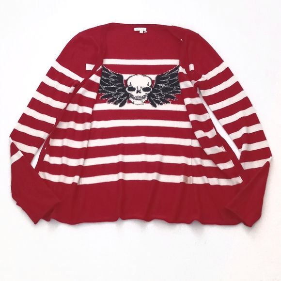 *Relisted* Cashmere & Silk Red White Stripe Long Sleeve Cardigan Skull on Back S - Picture 14 of 14